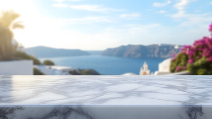 Beautiful empty marble table with blurred background of Santorini, Greece. Empty place illustration for mock up.