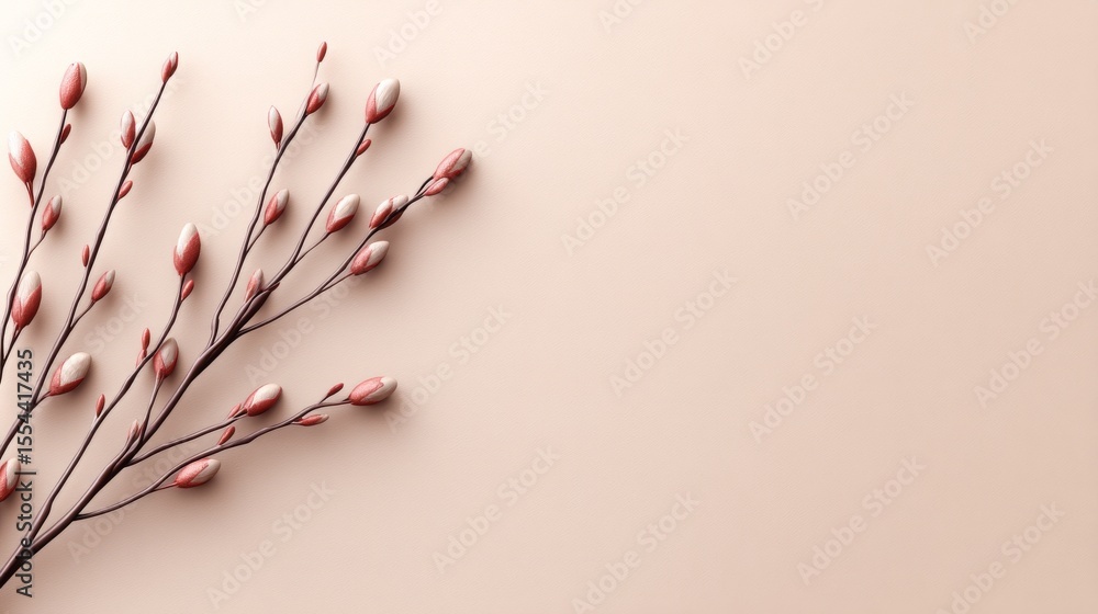 Poster delicate branches adorned with small buds are showcased on a soft beige background to create a natur