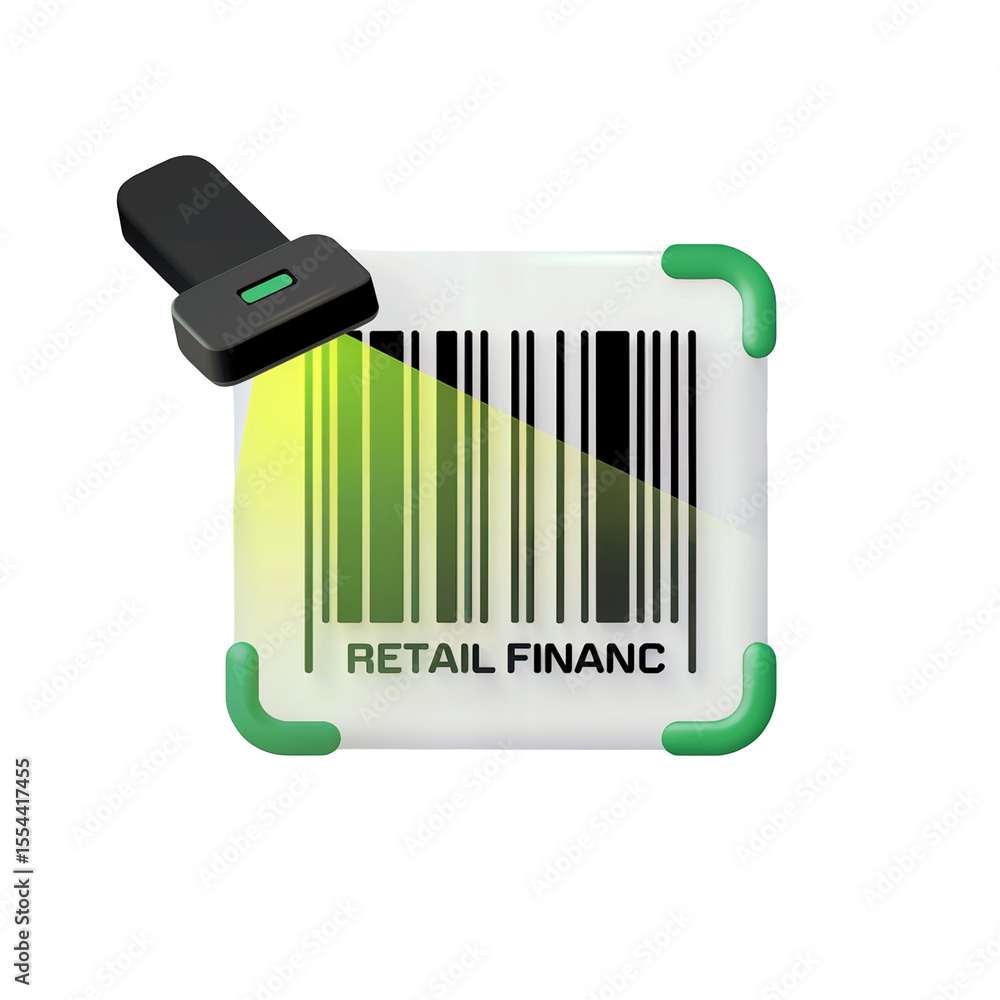 Poster 3 d render of a barcode scanner scanning a retail finance barcode on white background with green cor