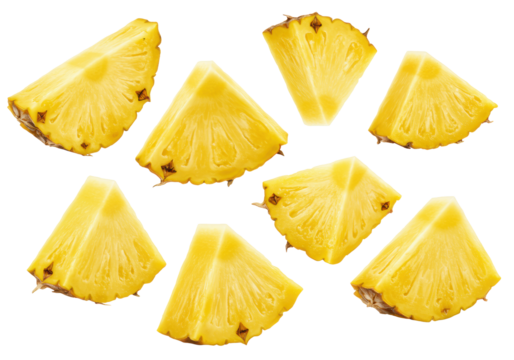 Freshly cut vibrant yellow pineapple pieces in distinct irregular geometric shapes, including triangles and rectangles, suspended mid-air against a transparent seamless studio background with no