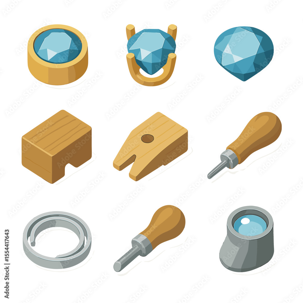 Aufkleber gemstone setting methods icons. isometric flat icon set of gemstone setting methods: bezel setting, 