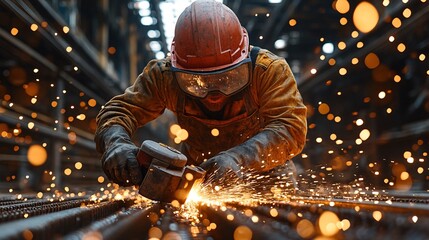 Industrial Worker Grinding Metal With Sparks Flying In A Dark Factory Setting With Safety Gear On. High Energy Action Shot. Focus On Detailed Work. Safety Features And Risks Implied. Industrial Scene