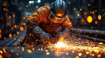 Industrial Worker Grinding Metal with Sparks Flying in Dark Factory Setting
