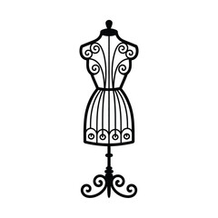 Elegant black silhouette of a vintage dress form with ornate scrollwork and a decorative base