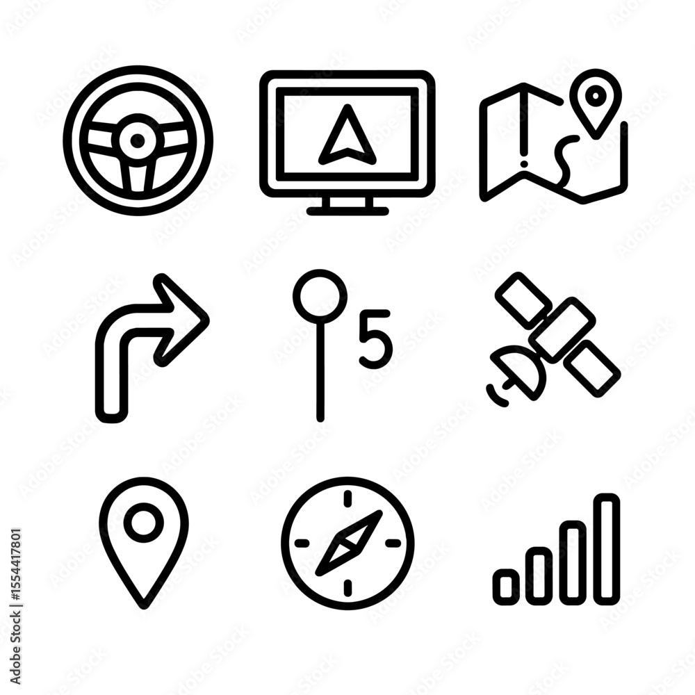 Poster gps navigation icons. outline icon set of gps navigation pov: steering wheel, gps screen, map route,