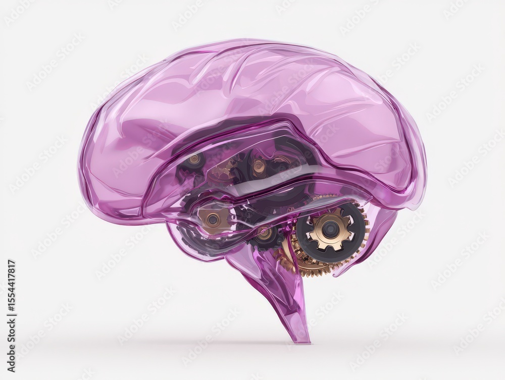 Poster a futuristic rendition of a human brain showing intricate gears and mechanisms within a translucent 