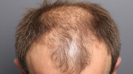 Fototapeta premium Top-down view of thinning hair in the middle part of the scalp under clinical lighting, symbolizing early-stage hair loss and scalp visibility for dermatology or hair care concepts