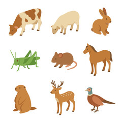 Fototapeta premium Grassland Animal Icons. Isometric Flat icon set of grassland animals: grazing cow, grazing sheep, meadow rabbit, grasshopper,