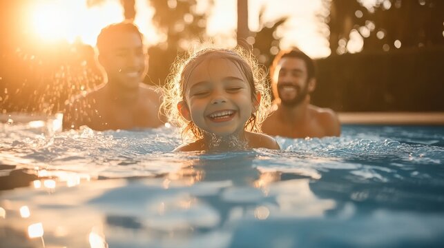 Joyful young girl splashing in a sunny outdoor swimming pool during a fun family vacation day