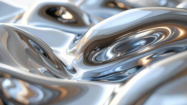 A captivating 3D-rendered abstract display features fluid, reflective metal surfaces, where the lustrous material ebbs and flows in undulating waves. Capturing a blend of sleekness, innovation.