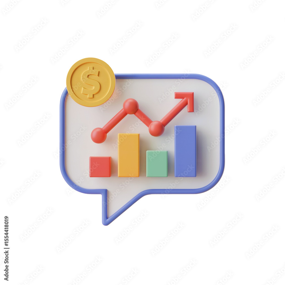 Poster 3 d render of a speech bubble showing an upward trending graph with colorful bars and a gold coin in