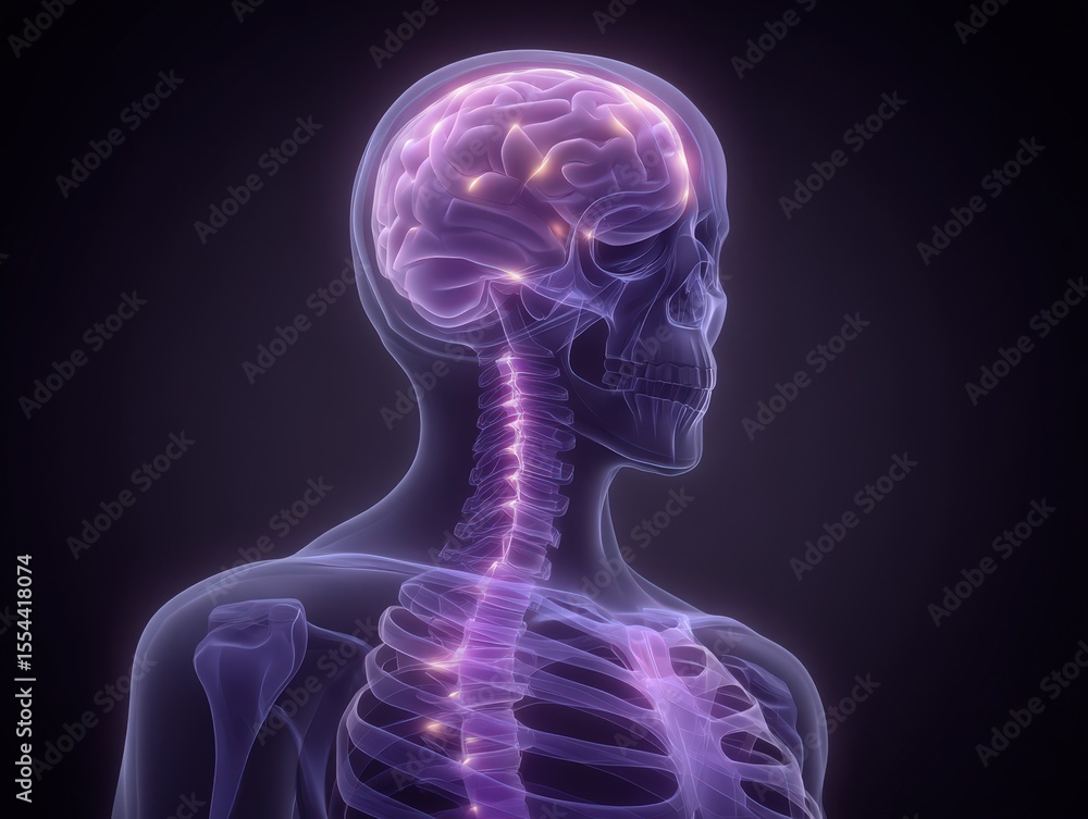 Poster abstract representation of the human skull showcasing brain activity and neural connections illumina