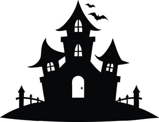 Hunted house vector silhouette, Halloween hunted house Spooky silhouette with bats flying around on halloween night vector design
