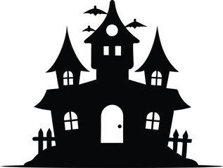 Hunted house vector silhouette, Halloween hunted house Spooky silhouette with bats flying around on halloween night vector design
