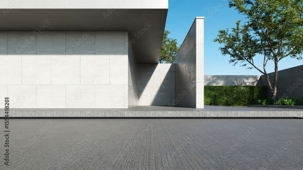 Poster Modern house, Minimal architecture with empty wall and concrete garage driveway, 3d rendering of luxury property building
