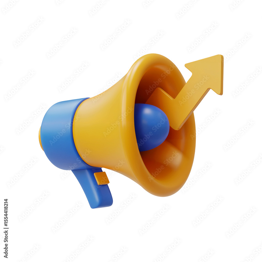 Poster 3 d render of a yellow and blue megaphone with an upward trending orange arrow isolated on black bac