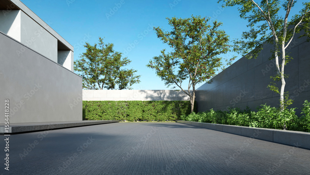 Poster modern house, minimal architecture with empty wall and concrete garage driveway, 3d rendering of lux