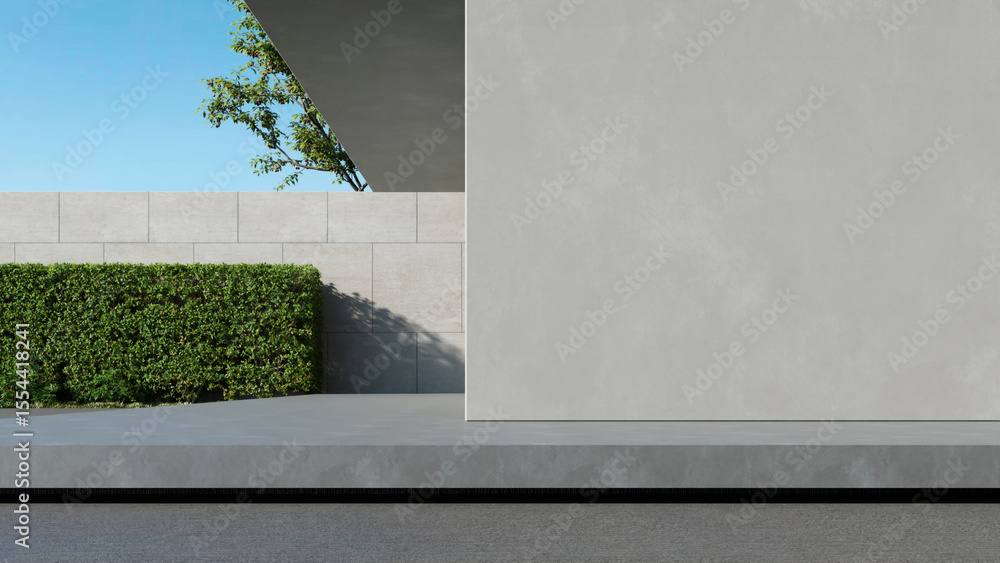 Poster modern house, minimal architecture with empty wall and concrete garage driveway, 3d rendering of lux