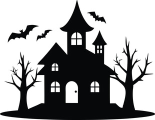 Hunted house vector silhouette, Halloween hunted house Spooky silhouette with bats flying around on halloween night vector design