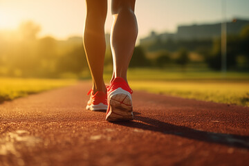 Close up view of runner sport shoes sprint running on track. A healthy life style showing running and walking theme