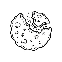 Hand drawn black and white illustration of a bitten cookie with chocolate chips