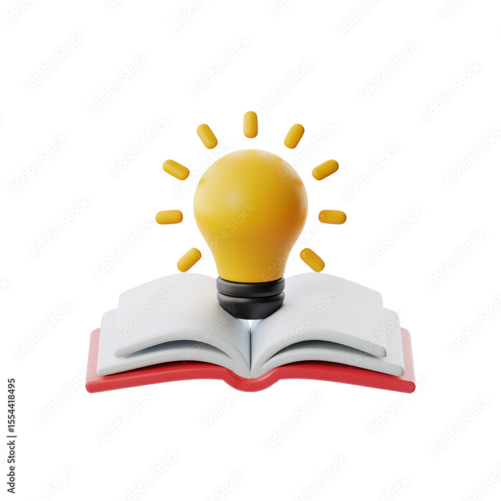 Poster 3 d render of yellow lightbulb idea emerging from open red book on black background isolated white t