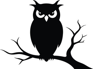 Halloween ominous owl sitting on a bare branch silhouette vector design