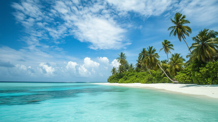  Tropical beach. Summer vacation on a tropical island with beautiful beach and palm trees. Tropical Maldives.