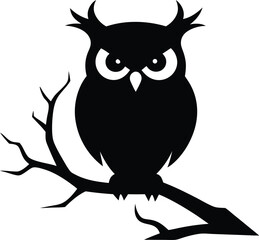Halloween ominous owl sitting on a bare branch silhouette vector design