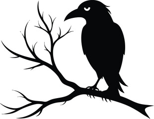 Ominous raven sitting on a bare branch vector silhouette of Halloween. 