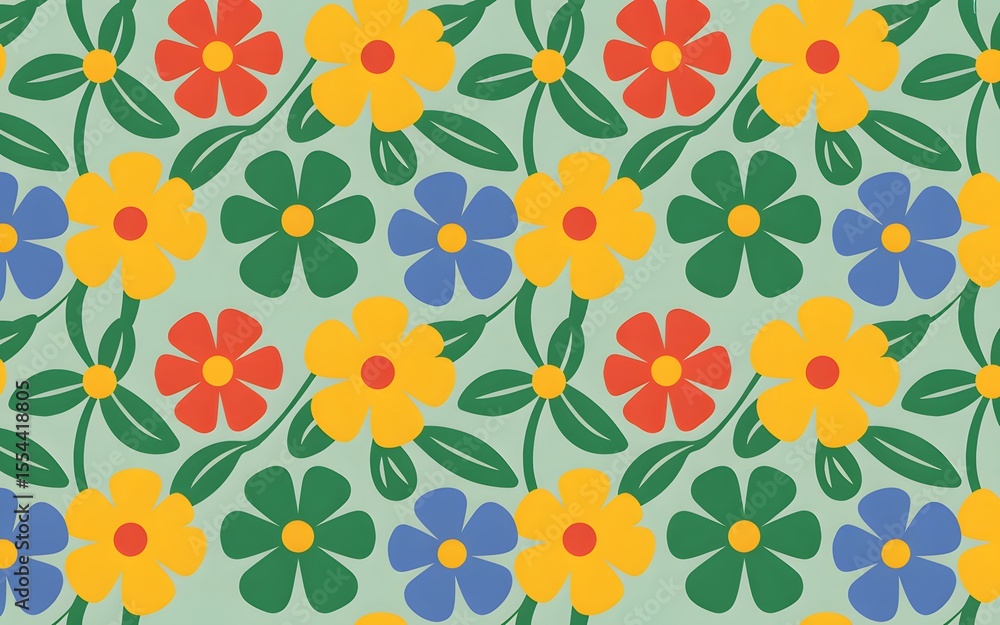 Poster a vibrant colorful floral seamless pattern featuring retro style flowers on a soft green background 