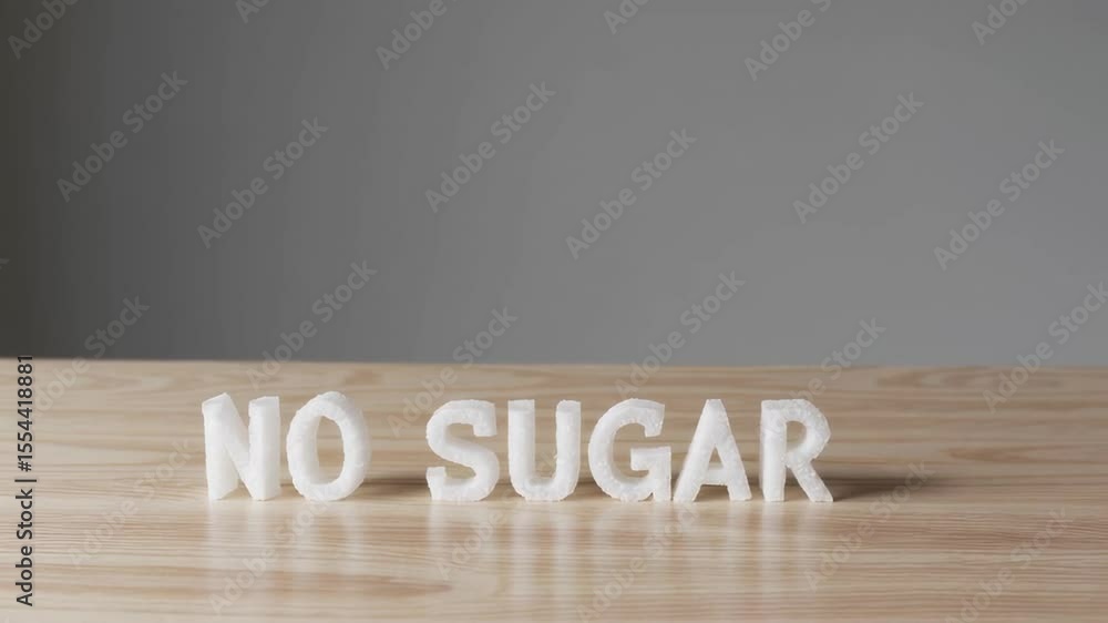 Poster White sugar cubes form the words no sugar on a wooden table against a gray background, creating a paradoxical representation of sugar reduction and healthy choices