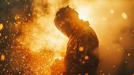 Silhouette Of A Welder Amidst Fiery Sparks And Smoke