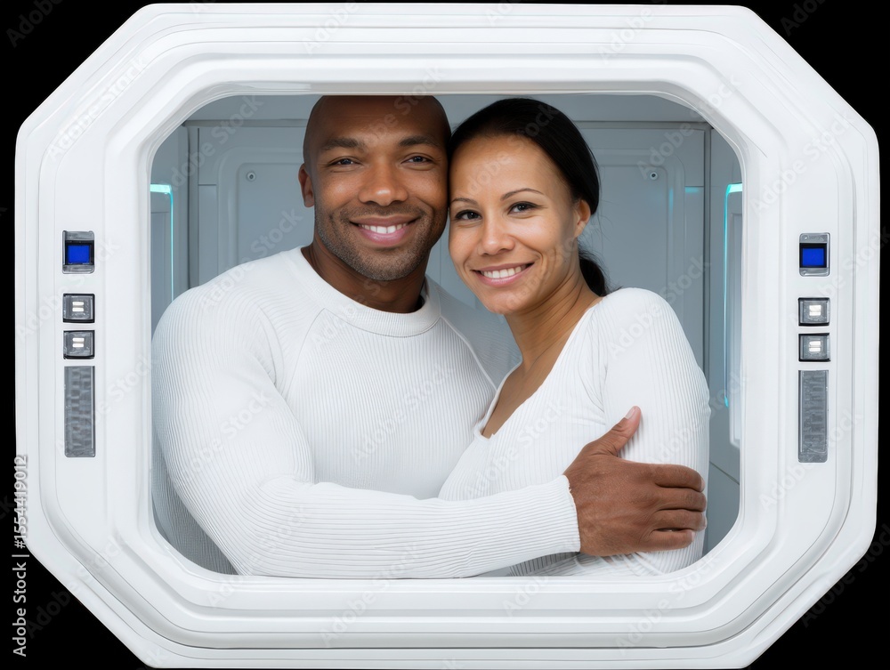 Aufkleber embracing connection in a futuristic setting with a diverse couple showcasing joy and warmth in a co