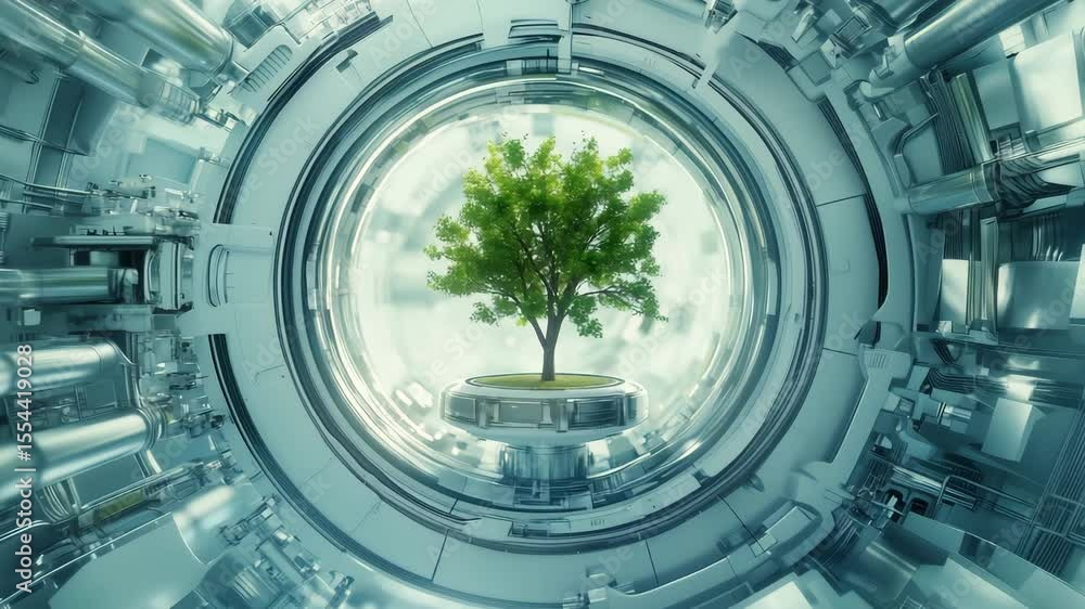 Poster a tree stands in the middle of a high tech circular space, blending nature with advanced technology