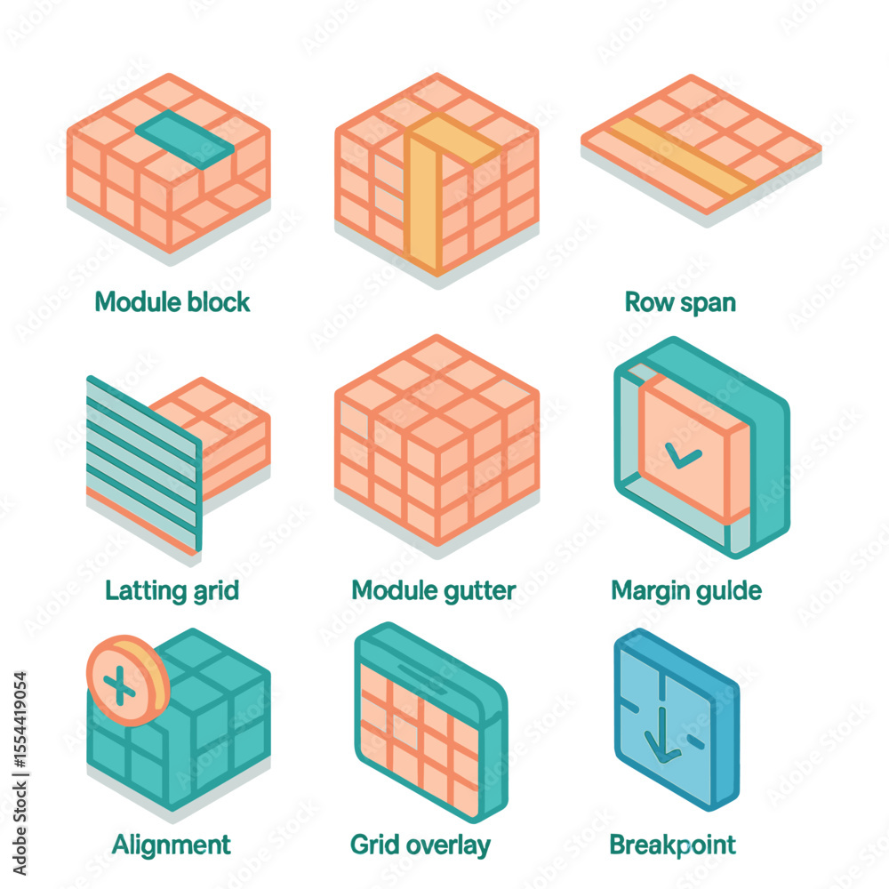 Poster isometric grid icons. isometric flat icon set of modular grid systems: module block, column span, ro