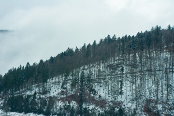 Snow-covered hillside under cloudy skies showcasing the serene beauty of winter landscape in a...