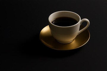 Obraz premium A cup of black coffee rests elegantly on a shiny golden saucer against a dark background.