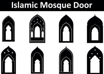 Collection of Islamic mosque door silhouettes with traditional architectural arches and decorative elements isolated on transparent background