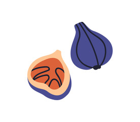 Fig fruits, whole and cut half, piece. Fresh natural vitamin summer food with sweet pulp, cross-section. Tropical exotic healthy organic snack. Flat vector illustration isolated on white background