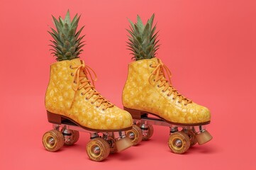 Yellow Roller Skates with Pineapples Inside on Red Background