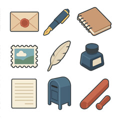 Handwritten Letter Icons. Isometric Flat icon set of handwritten letter exchange: envelope with wax seal, fountain pen, notebook,