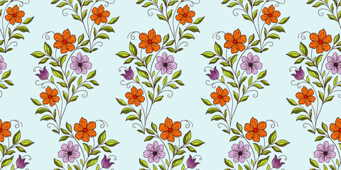Seamless floral pattern with decorative flowers for fabric and wallpaper design, Abstract hand drawn flowers. Seamless pattern. Flowers for fabric, textile, clothing, poster, cover, banner, wall art