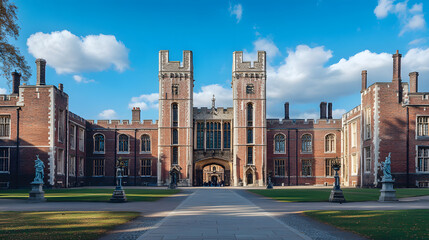 Ham Parkinson's Palace in London, England, with blue sky and white clouds in the background. Illustration of tourist attractions in the world.