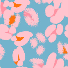 Floral seamless blue pattern with different abstract white fluffy  flowers. Vector background, design, print, wrapping paper, textile