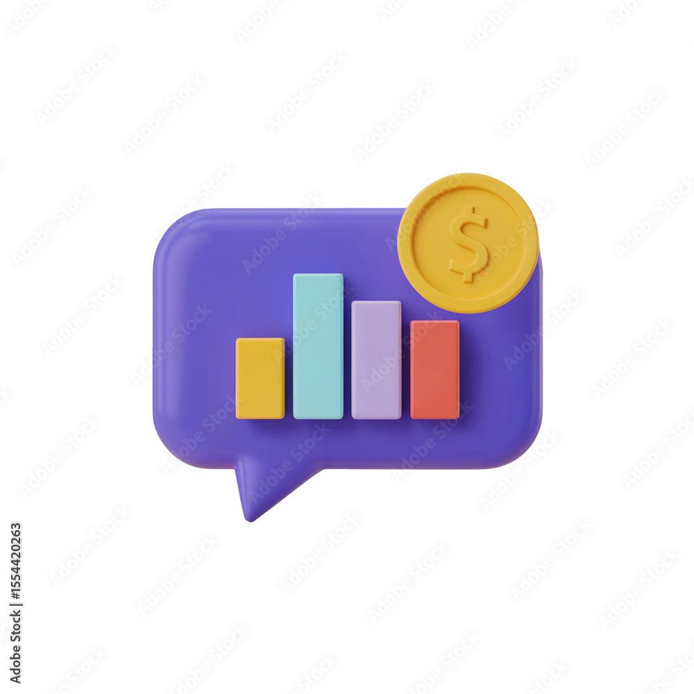 Poster 3D Speech Bubble Icon with Bar Chart and Dollar Coin on Transparent Background