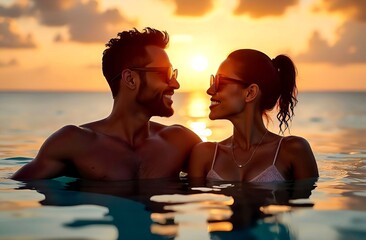 Happy couple of woman and man relaxing in water, on honeymoon, luxury hotel infinity pool at sunset. Palms and sea, ocean at background