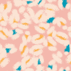 Floral seamless pink pattern with different abstract white fluffy flowers. Vector background, design, print, wrapping paper, textile