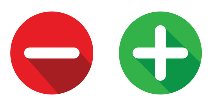 Minus and plus icons signs, flat round buttons. Positive and negative buttons. positive and negative symbol stickers. Plus and minus icon vector illustration.