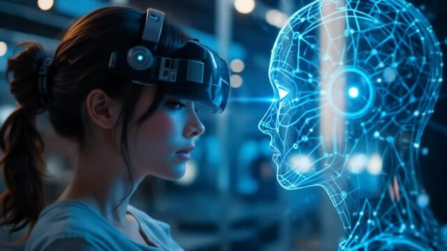 Woman facing glowing digital AI avatar. Futuristic technology concept of human interaction with artificial intelligence. Connection and communication in cyberspace. 4k video